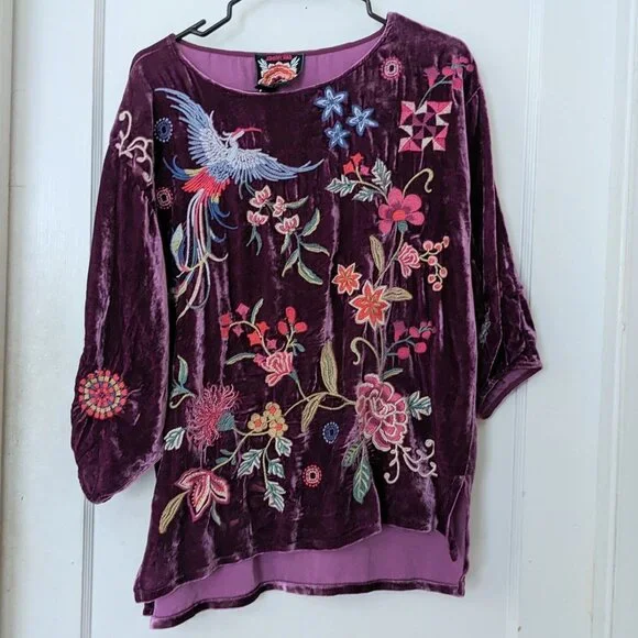 Johnny Was Nikkola Purple Velvet Boatneck Embroidered Blouse Size S - Picture 5 of 9